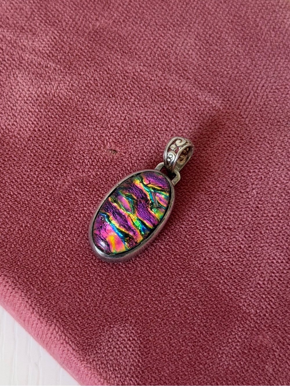 Vintage 925 Sterling Silver Dichroic Glass Oval Pendant
